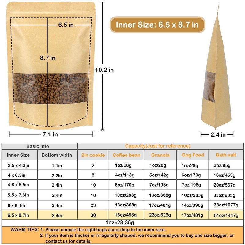 Blisstime Stand Up Pouches, 50 Pack Kraft Paper Bags with Matte Window and Tear Notch Resealable Bags for Small Business Home Use (6.5 x 8.7 Inches) - Image 2